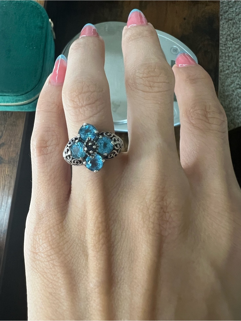 Sterling Silver Blue Topaz Floral Statement Ring - Women Jewelry